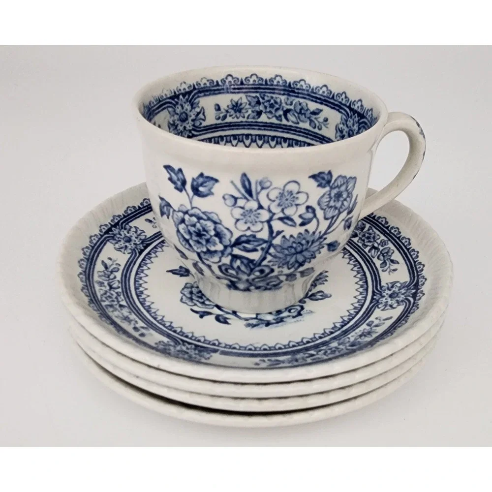 Wood's England Dorset Tea Cup Saucers 5pc Blue White Floral Vintage Transferware